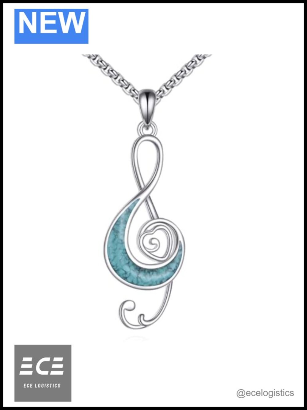 Sterling Silver Music Note Pendant Necklace Turquoise 20+2 in Chain